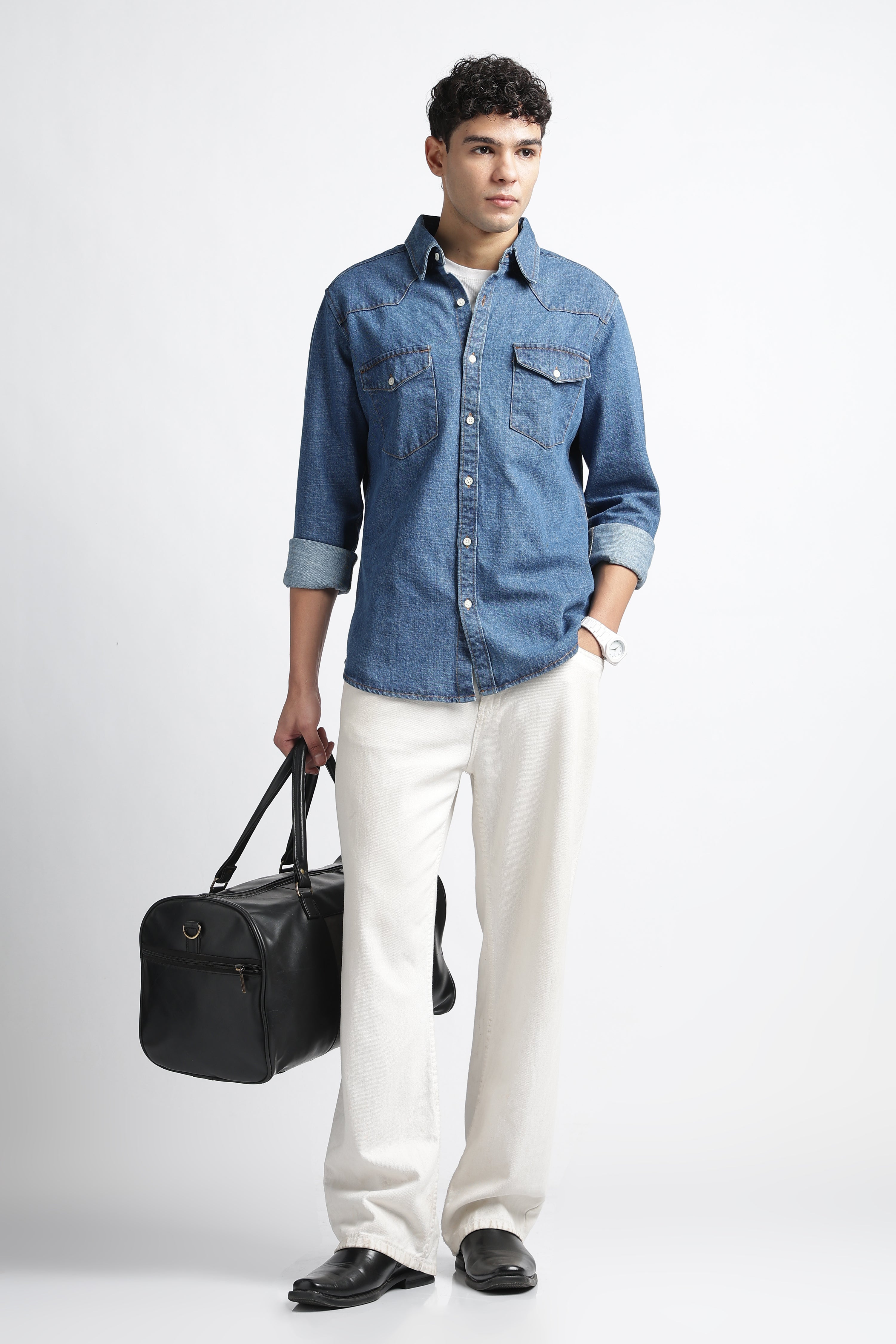 Men Mid Blue Western Denim Shirt