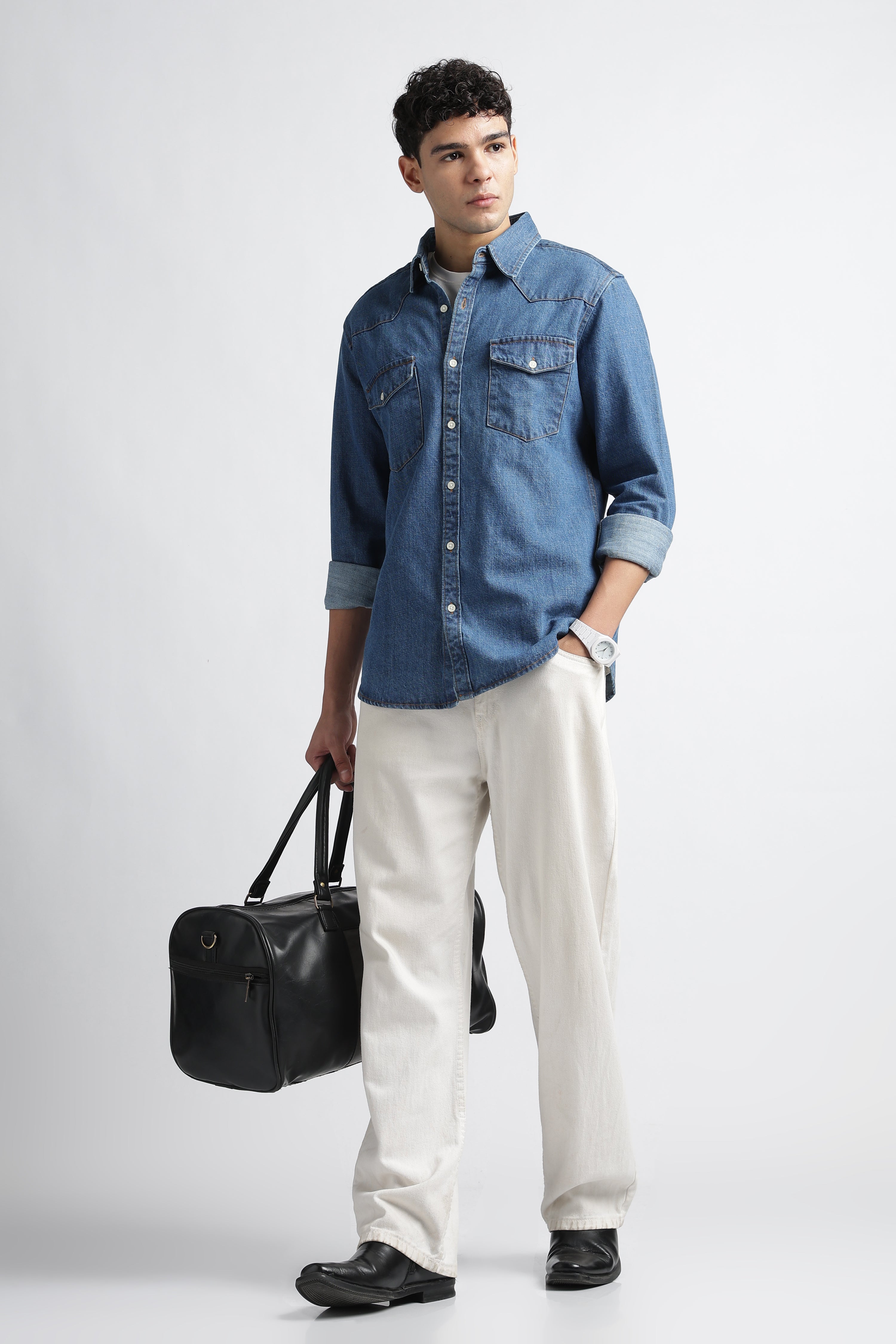 Men Mid Blue Western Denim Shirt