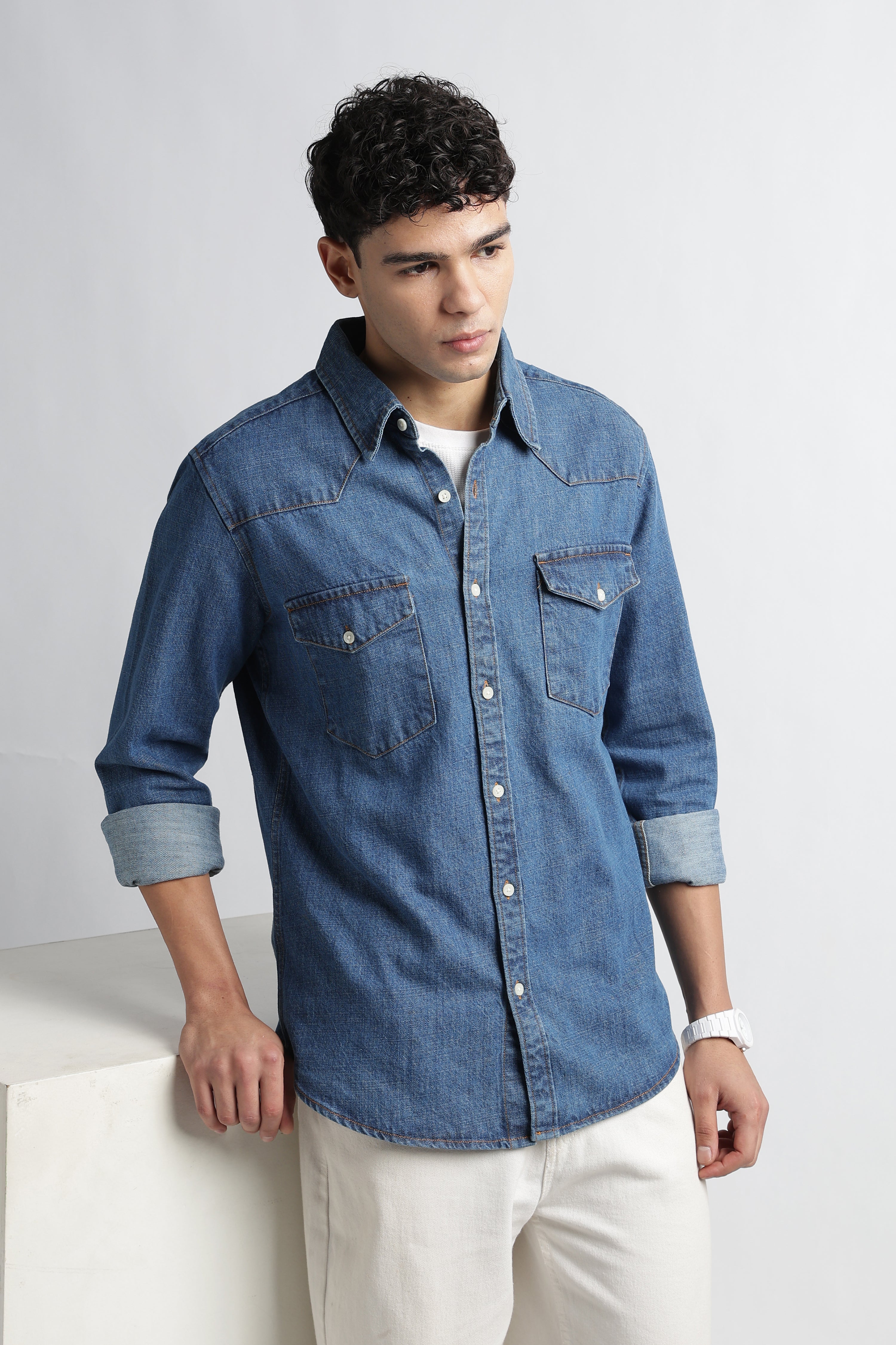 Men Mid Blue Western Denim Shirt
