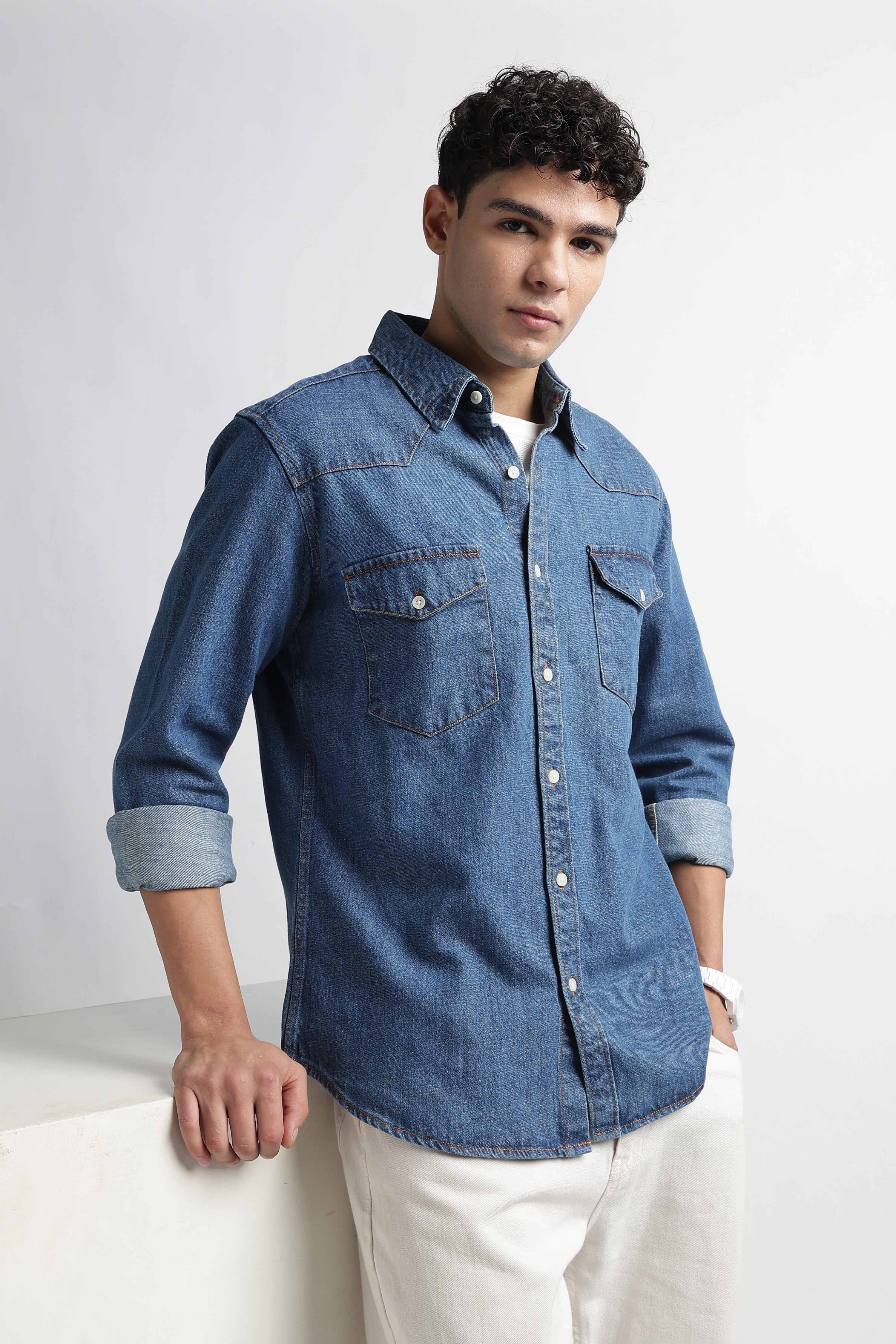 Men Mid Blue Western Denim Shirt