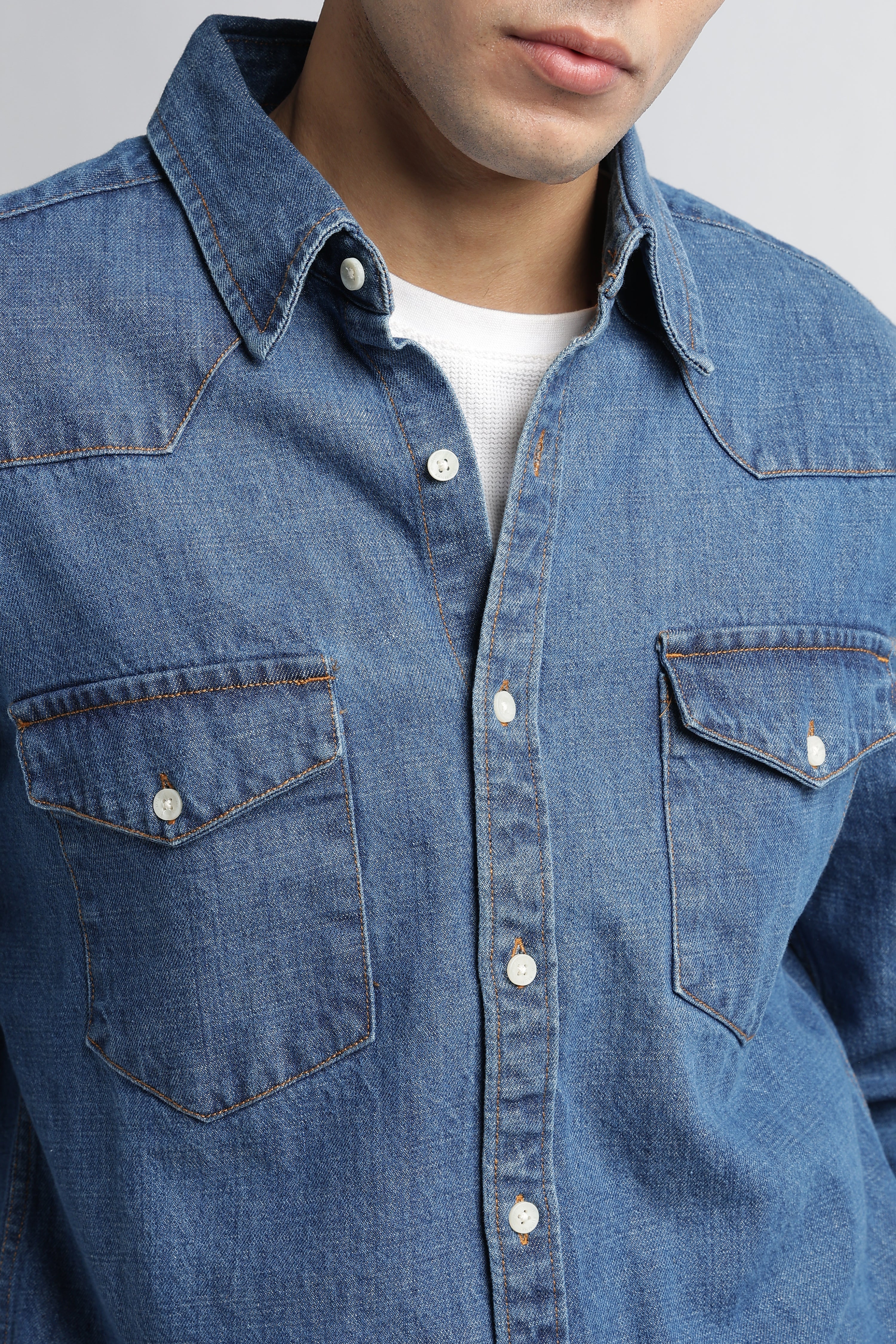 Men Mid Blue Western Denim Shirt