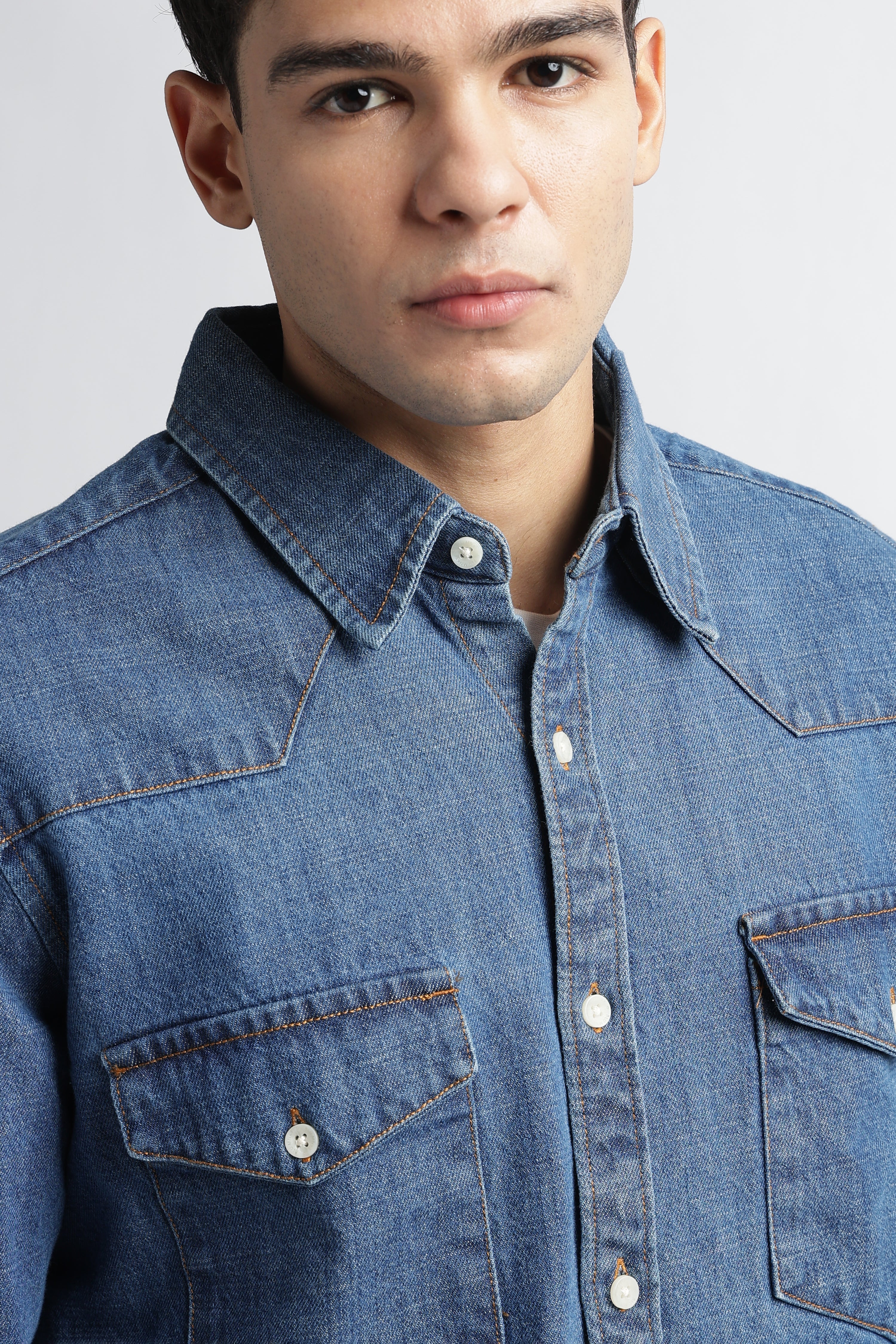 Men Mid Blue Western Denim Shirt