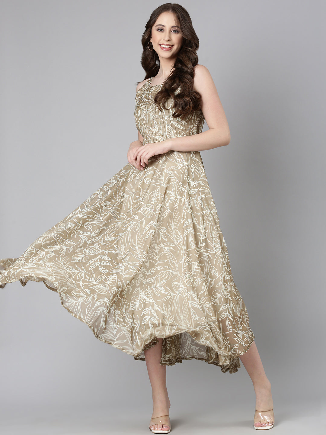 Women Beige Floral Chiffon Dress