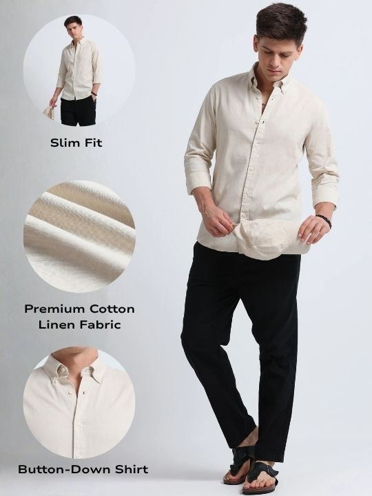 Men Cream Button-Down Shirt