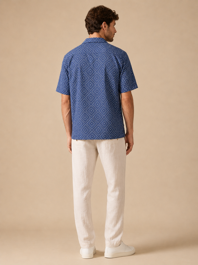 Men Blue Geometric Camp Collar Shirt