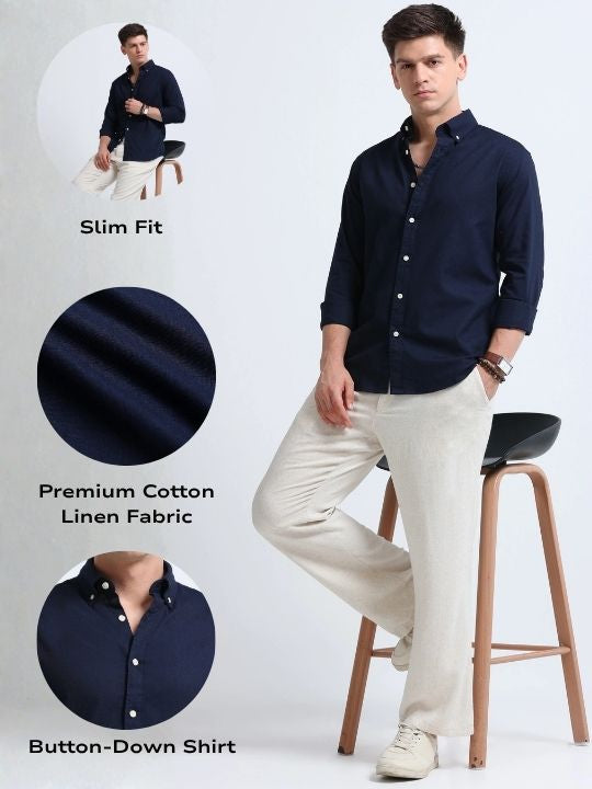 Men Navy Blue Button-Down Shirt