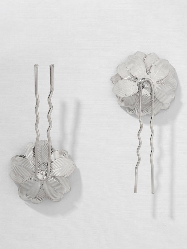 Women Silver Set Of 2 Floral Pearl U Pins