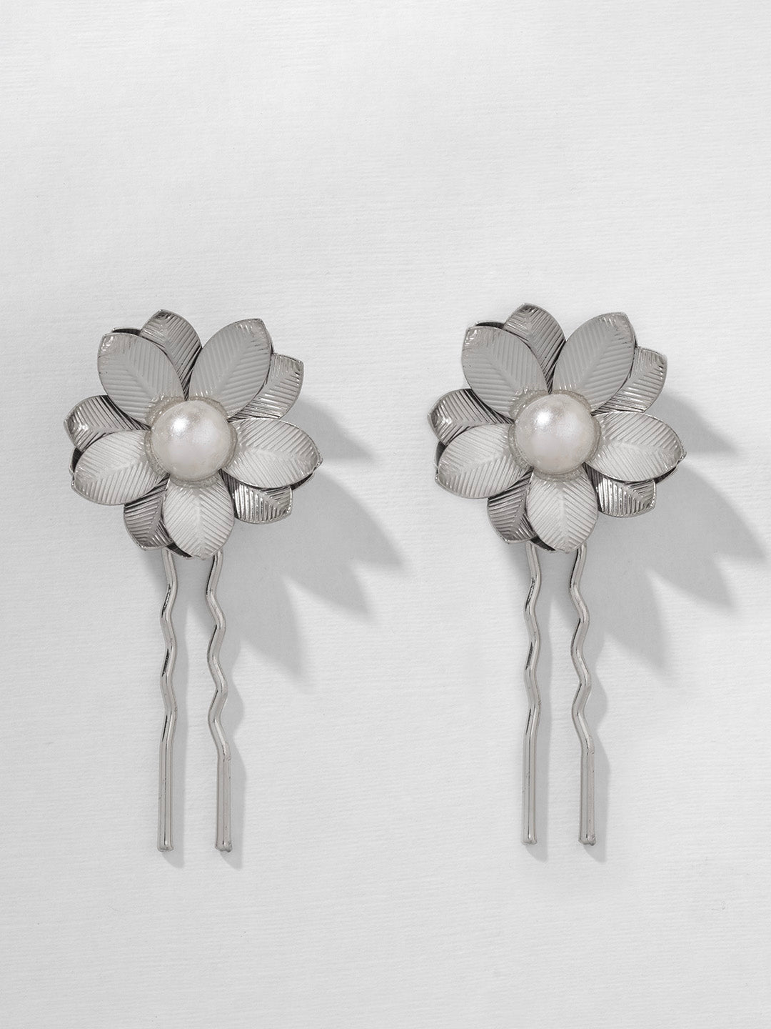 Women Silver Set Of 2 Floral Pearl U Pins