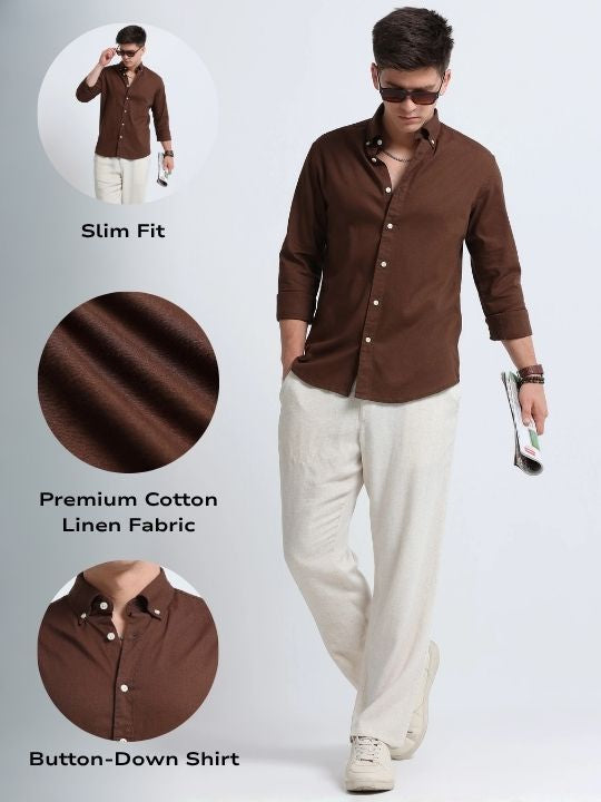 Men Brown Button-Down Shirt