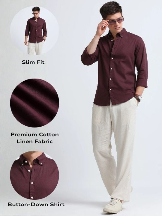 Men Burgundy Button-Down Shirt