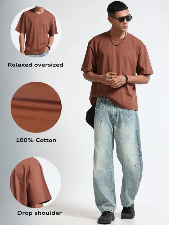 Men Brown Oversized Crew Neck T-Shirt