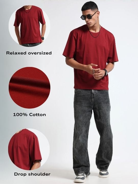Men Maroon Oversized Crew Neck T-Shirt