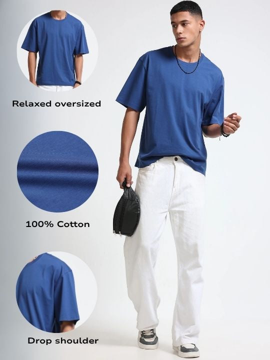 Men Blue Oversized Crew Neck T-Shirt