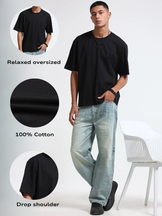 Men Black Oversized Crew Neck T-Shirt