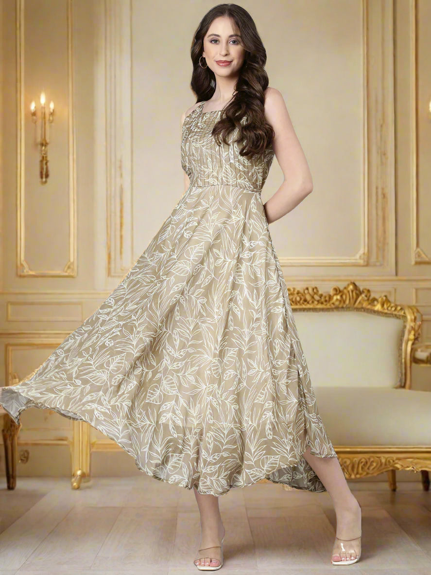Women Beige Floral Chiffon Dress