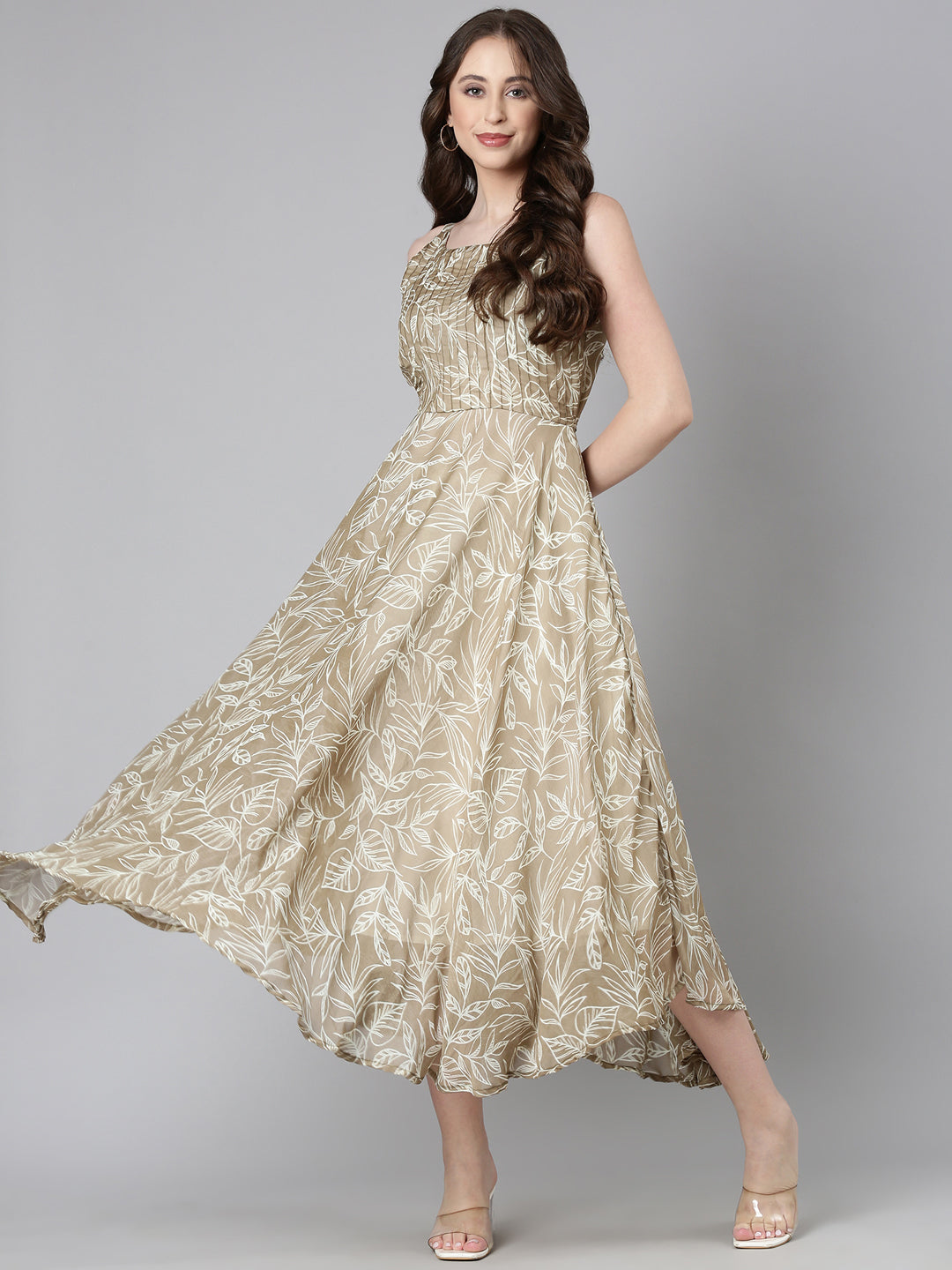 Women Beige Floral Chiffon Dress