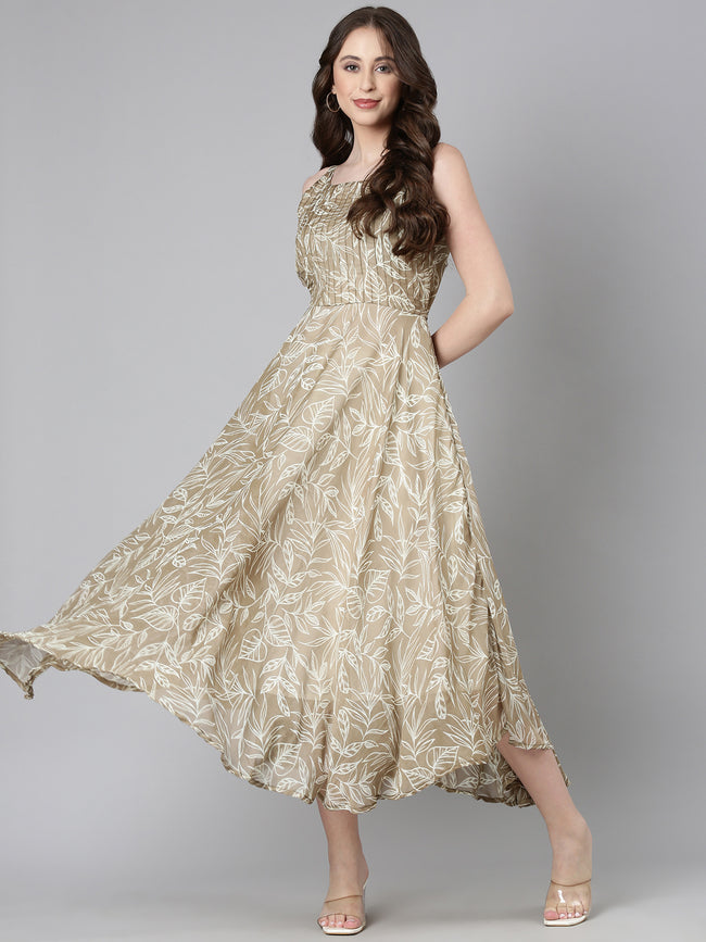 Women Beige Floral Chiffon Dress