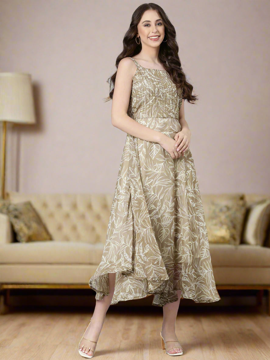 Women Beige Floral Chiffon Dress