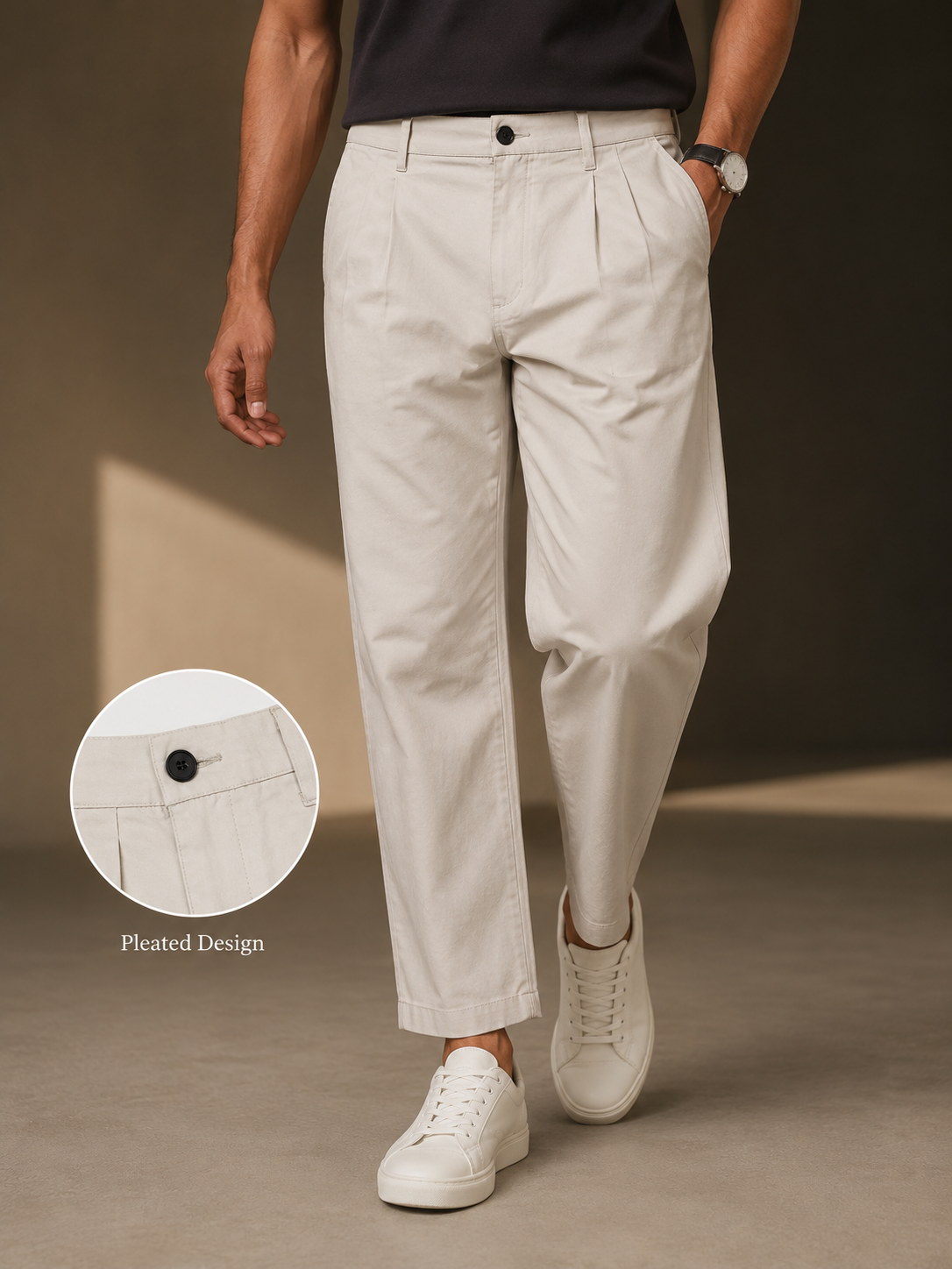 Men Cream Pleated Tailored Trousers