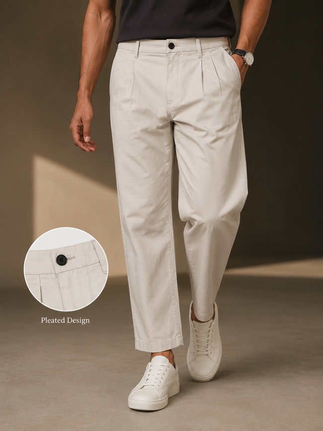 Men Cream Pleated Tailored Trousers