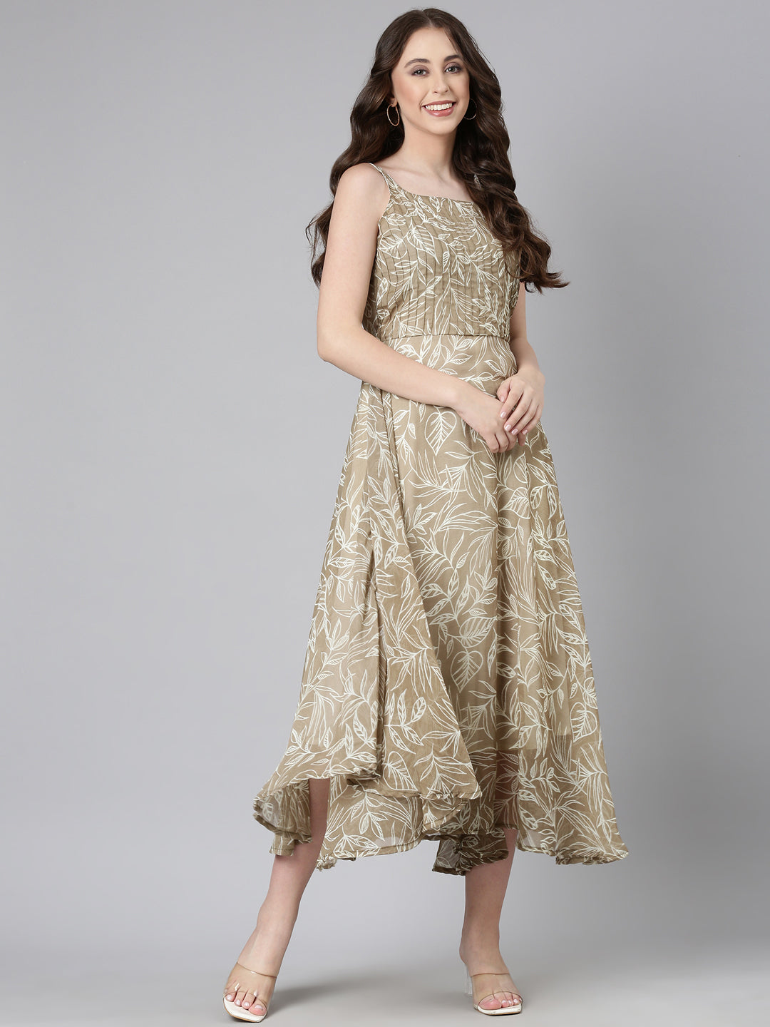 Women Beige Floral Chiffon Dress