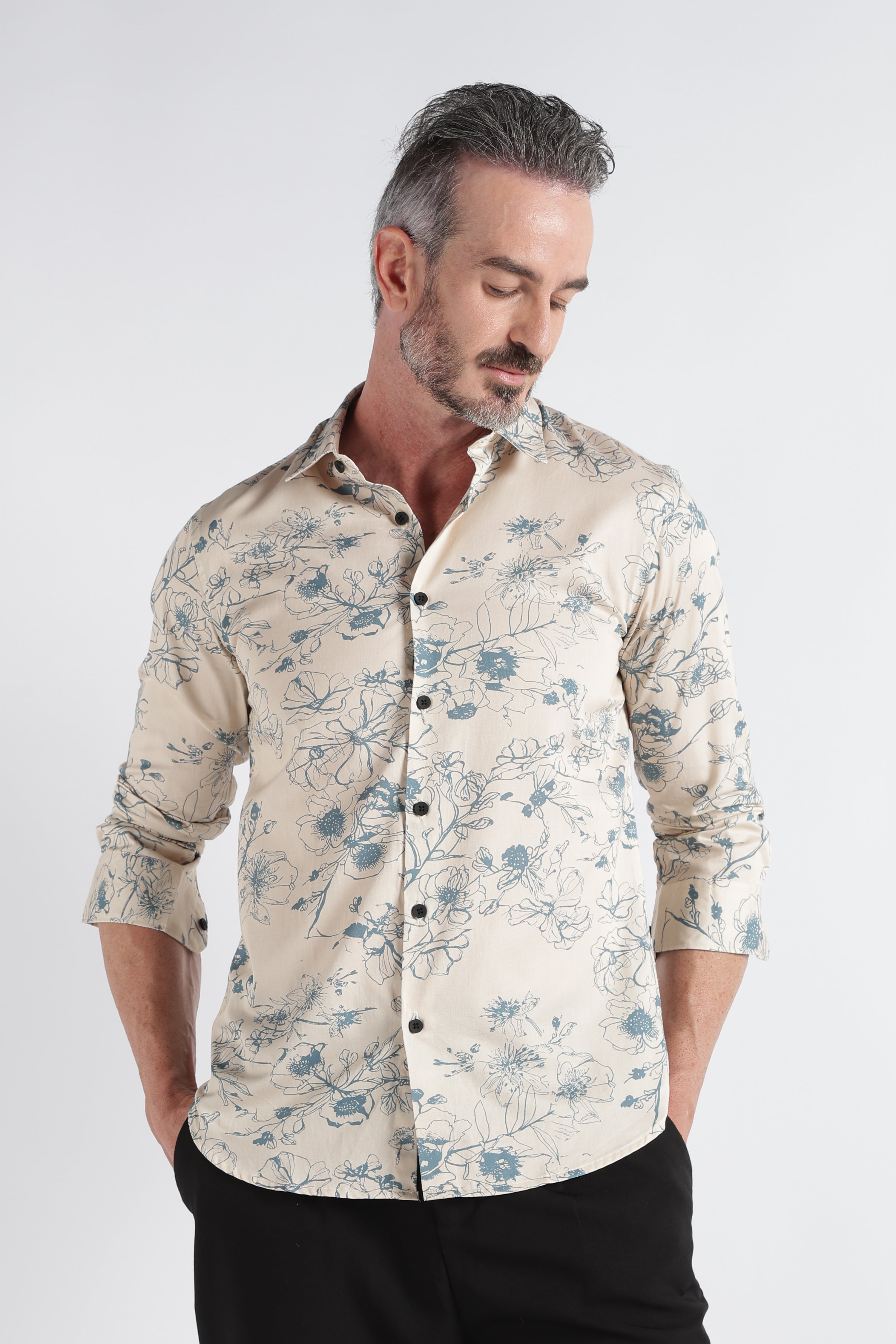 Men Beige Satin Digital Print Shirt
