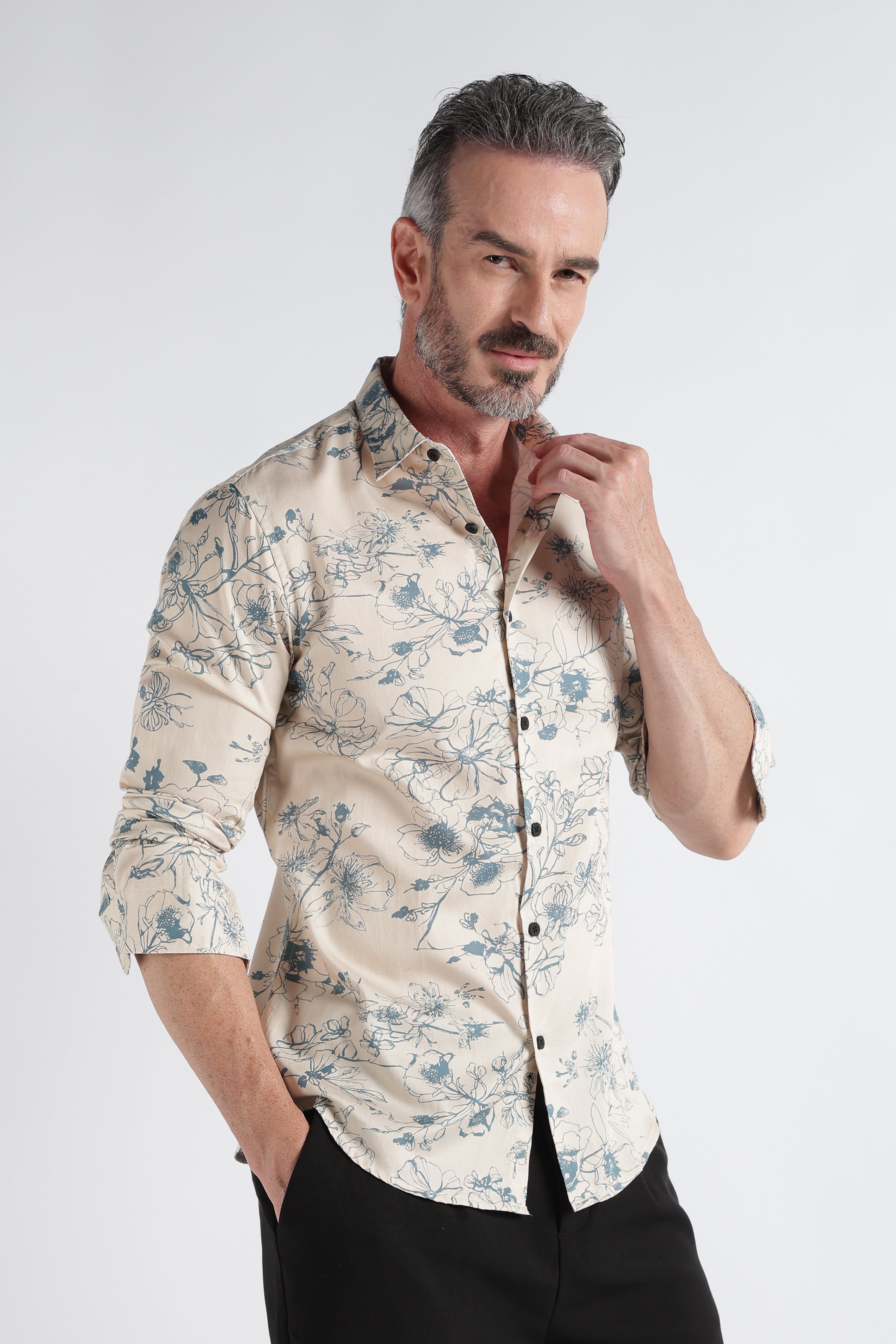 Men Beige Satin Digital Print Shirt