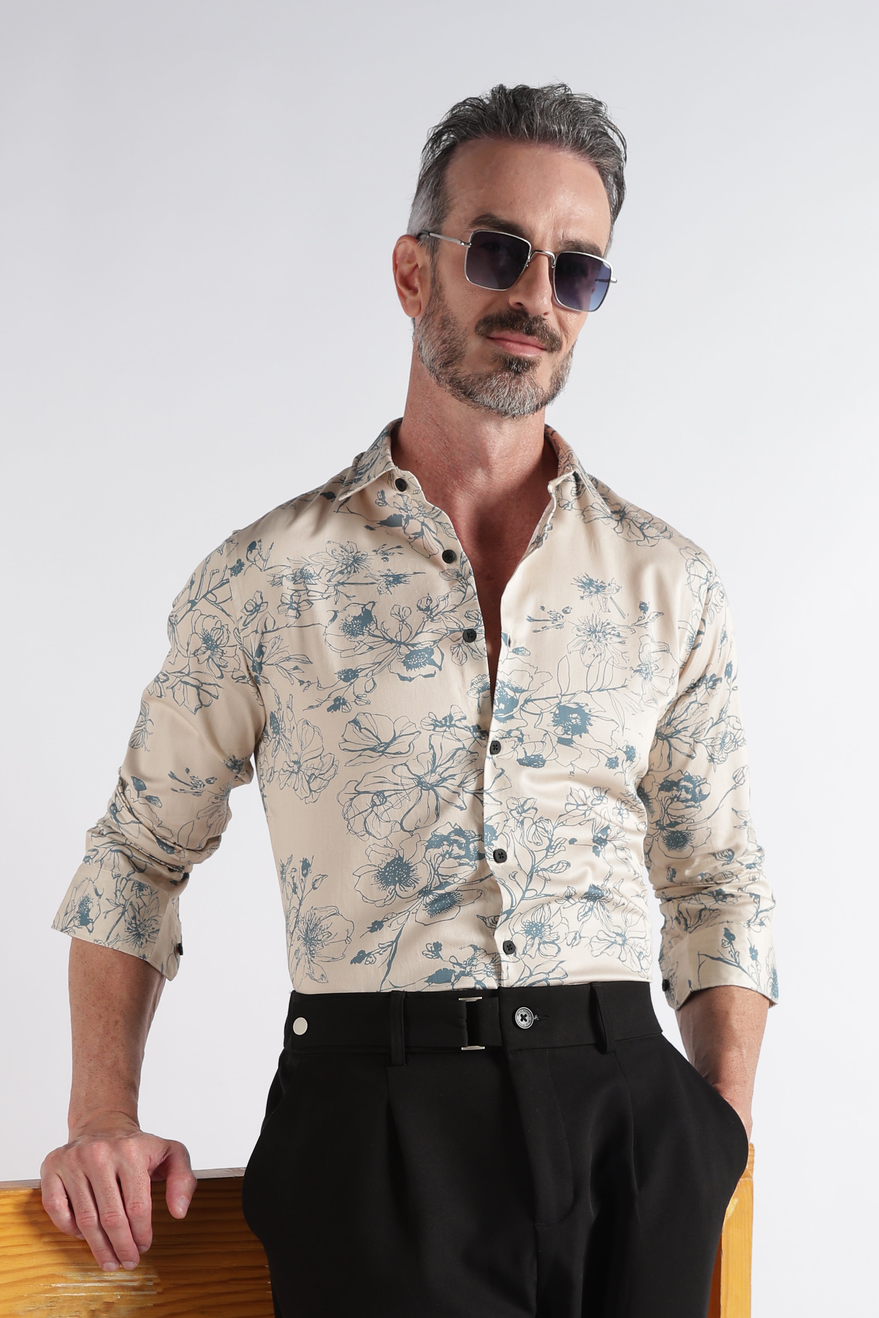Men Beige Satin Digital Print Shirt