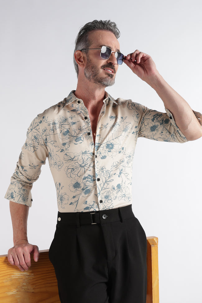 Men Beige Satin Digital Print Shirt