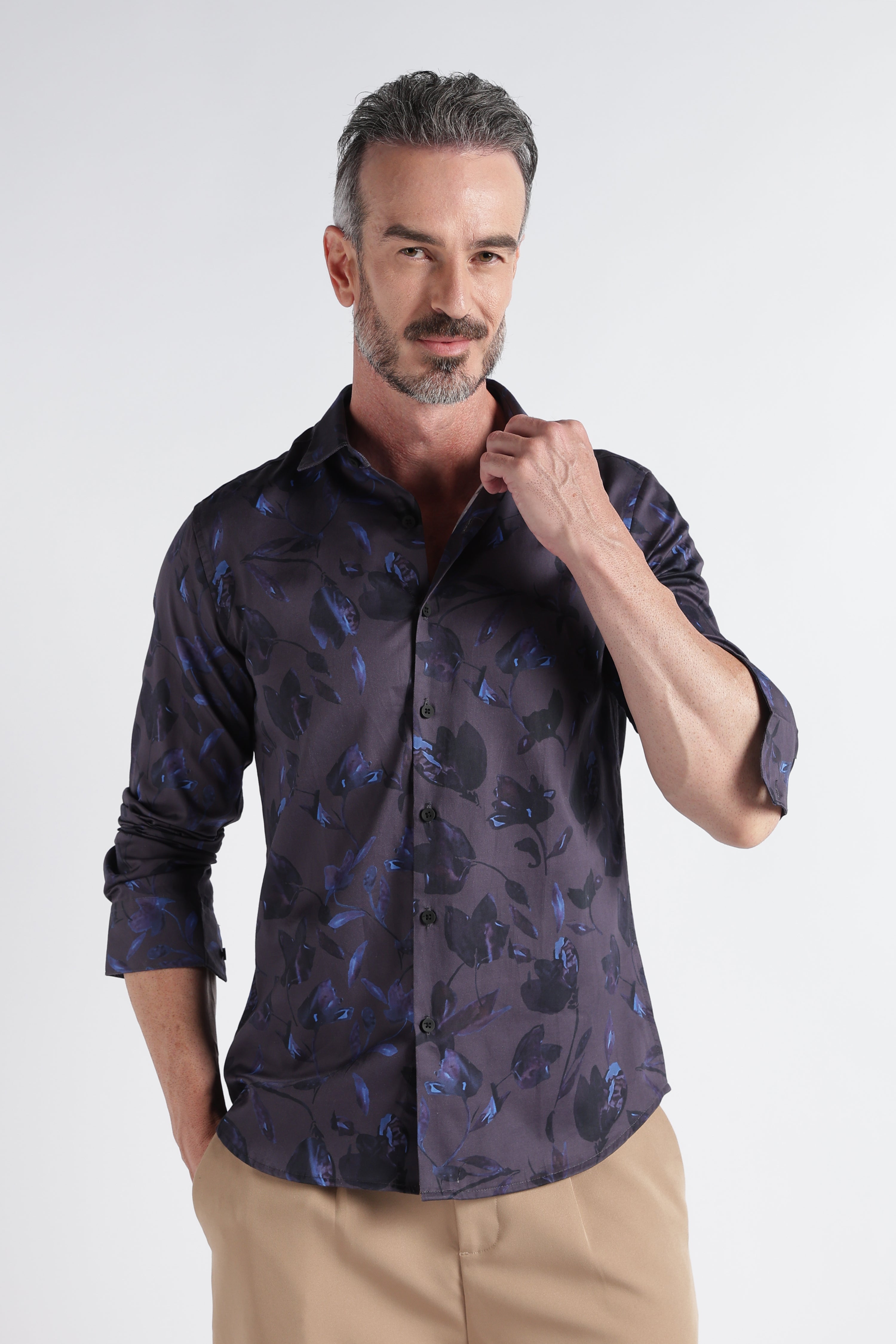 Men Blue Satin Digital Print Shirt