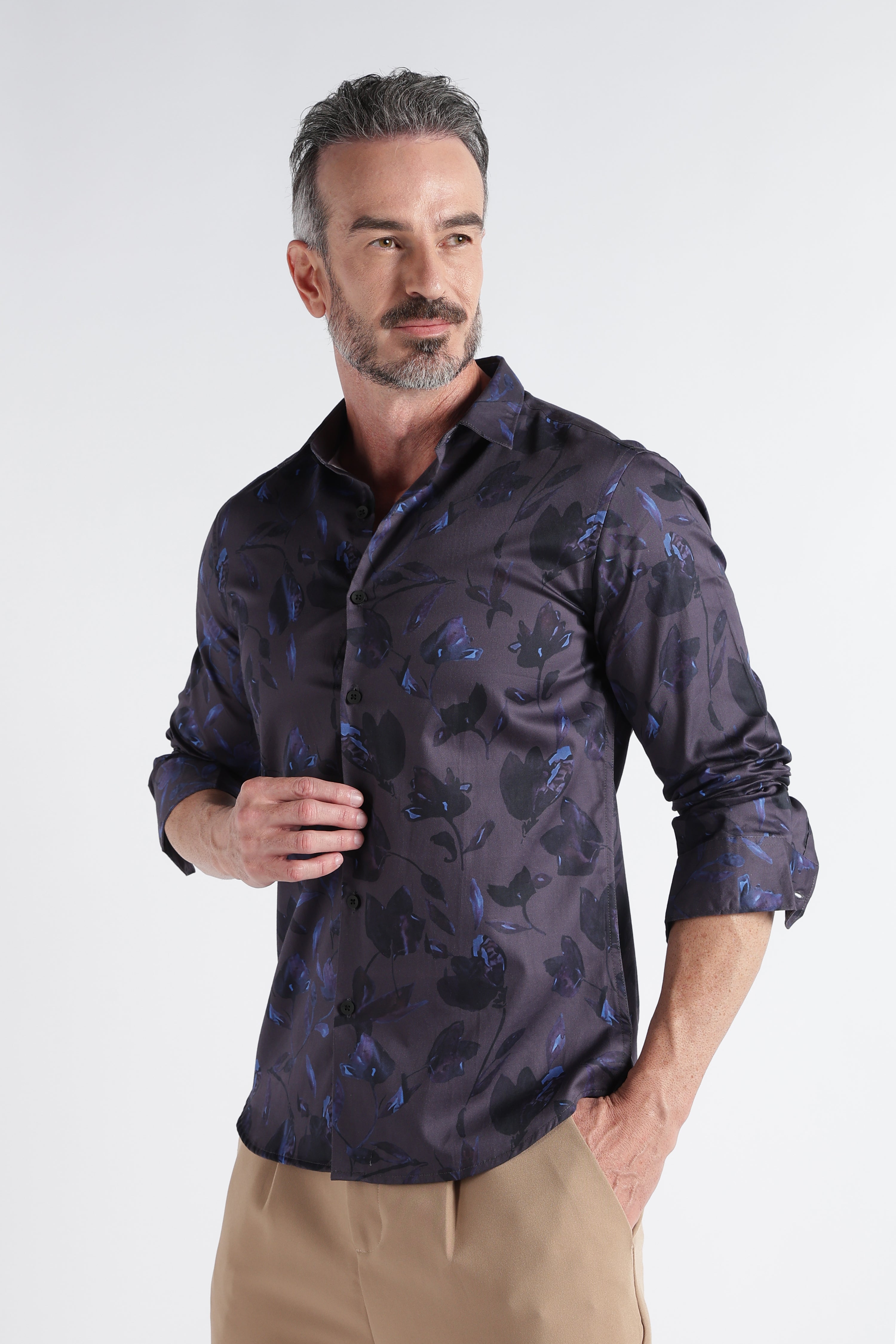 Men Blue Satin Digital Print Shirt