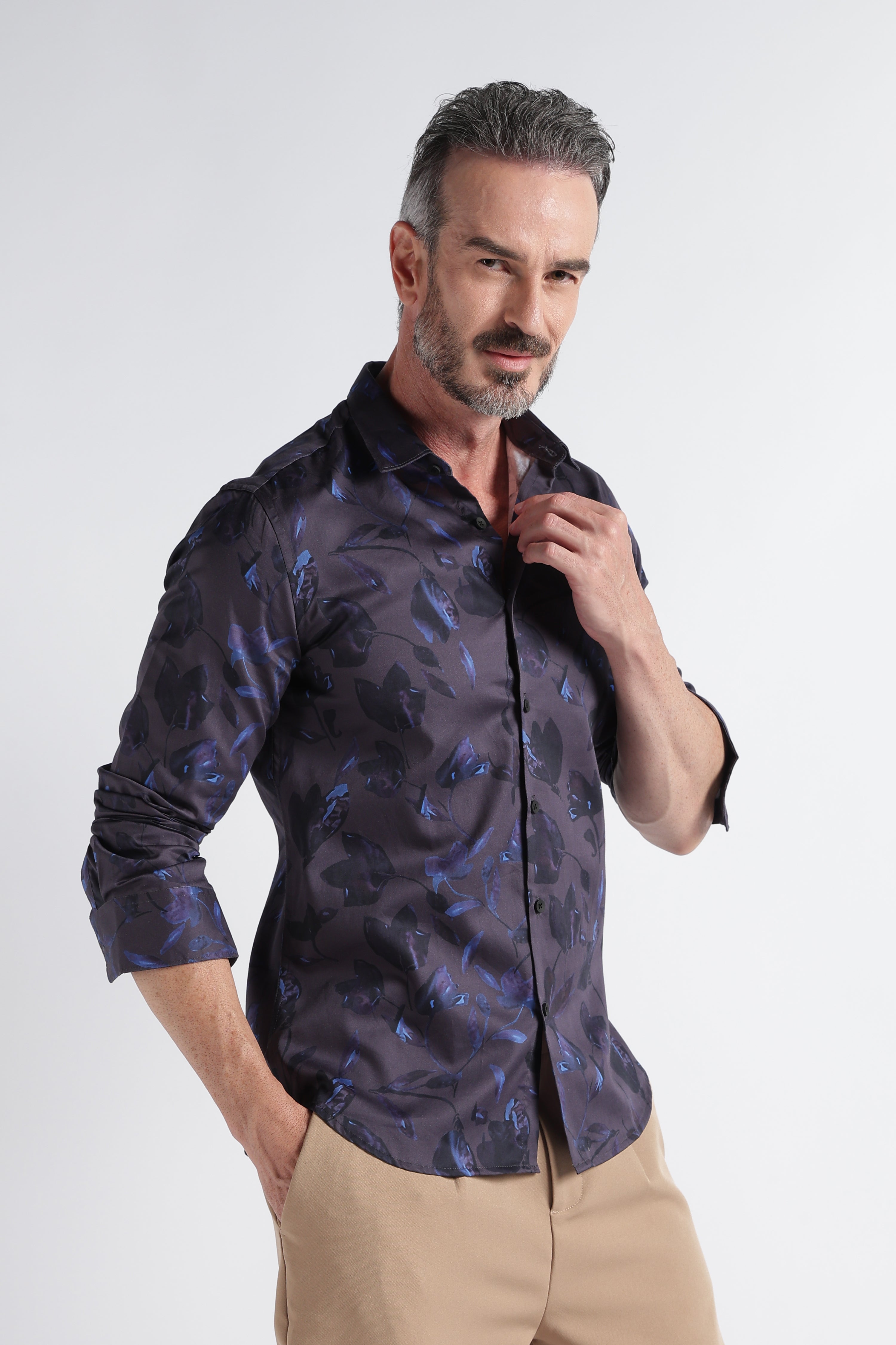 Men Blue Satin Digital Print Shirt