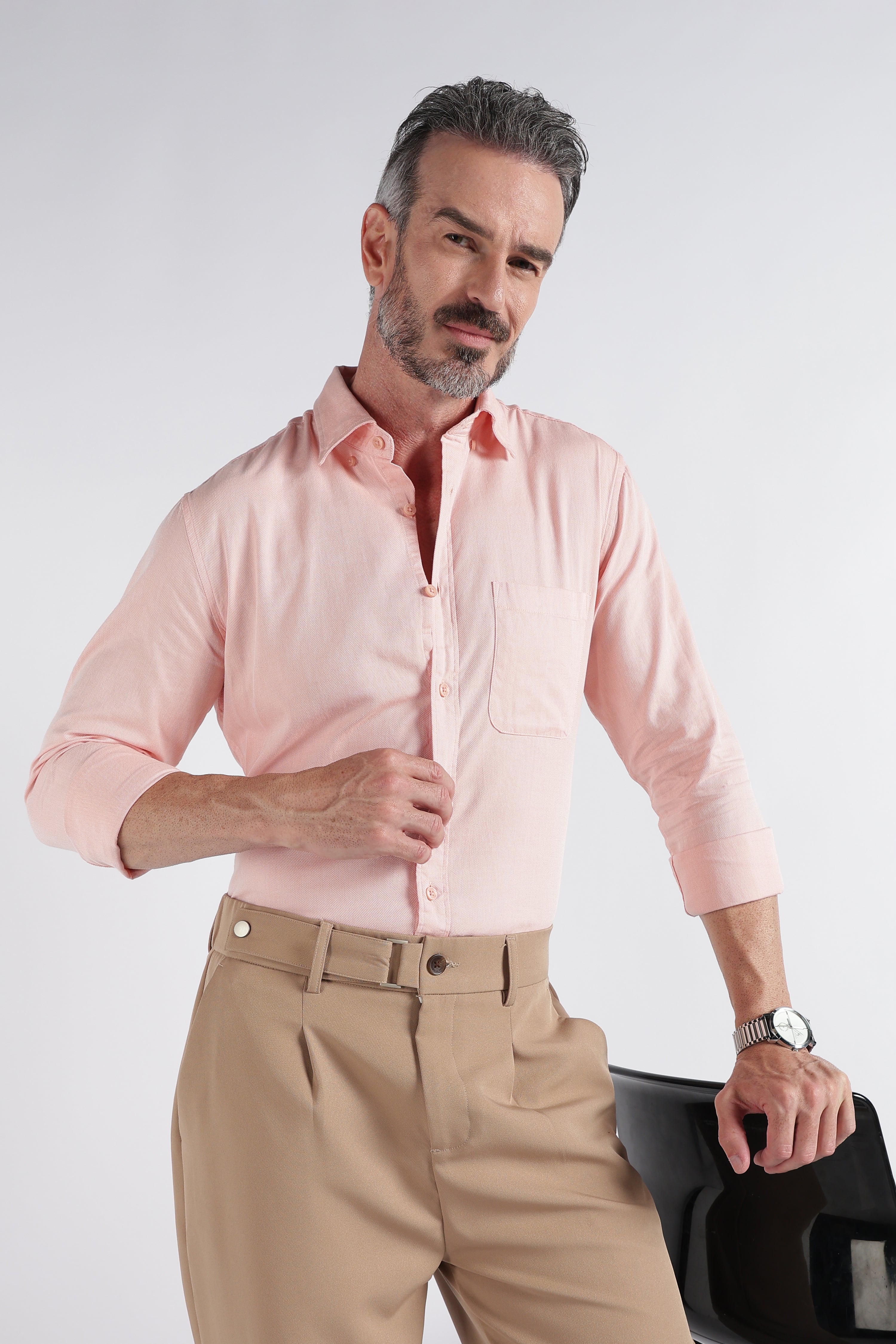 Men Peach Solid Casual Shirt
