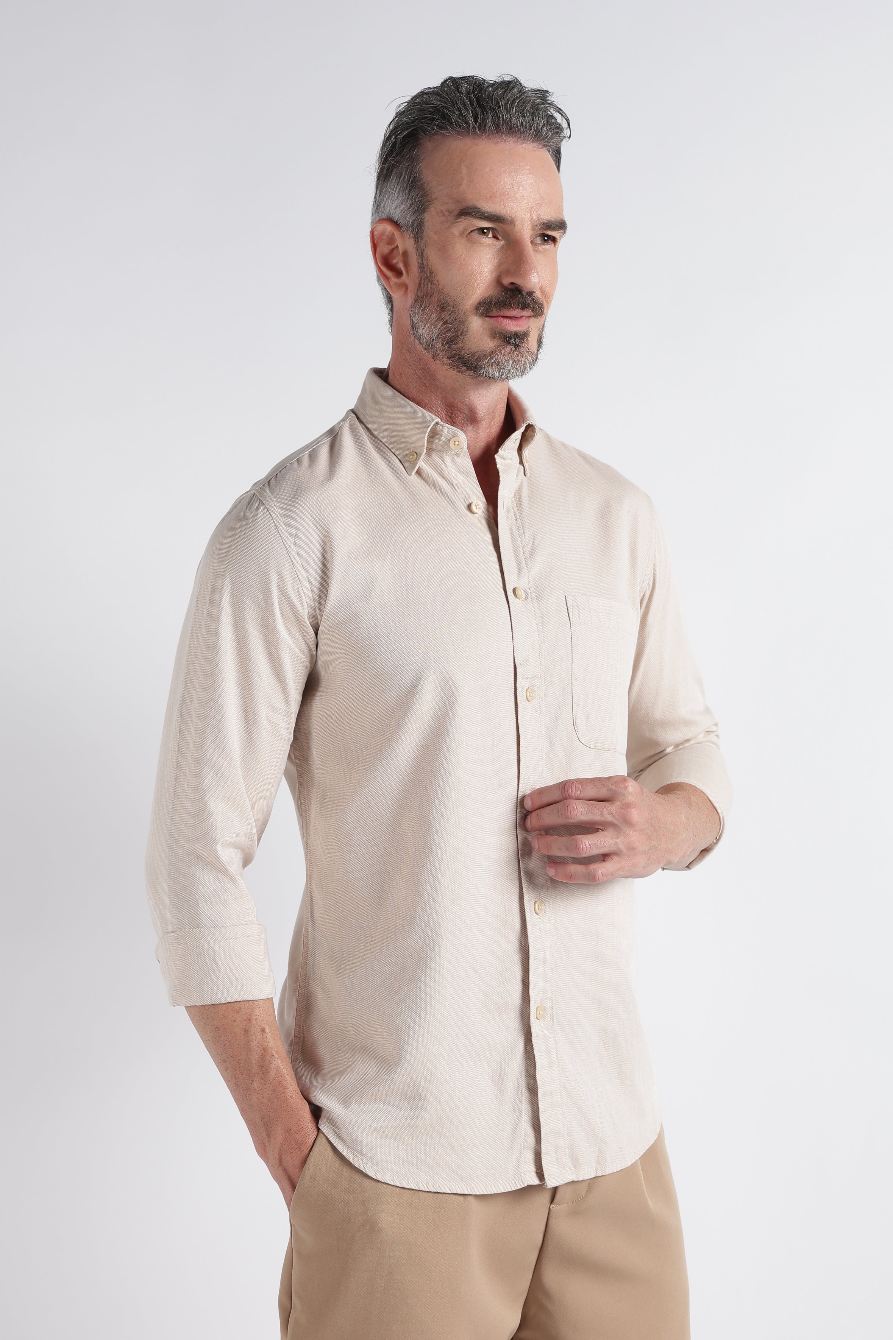 Men Beige Solid Casual Shirt