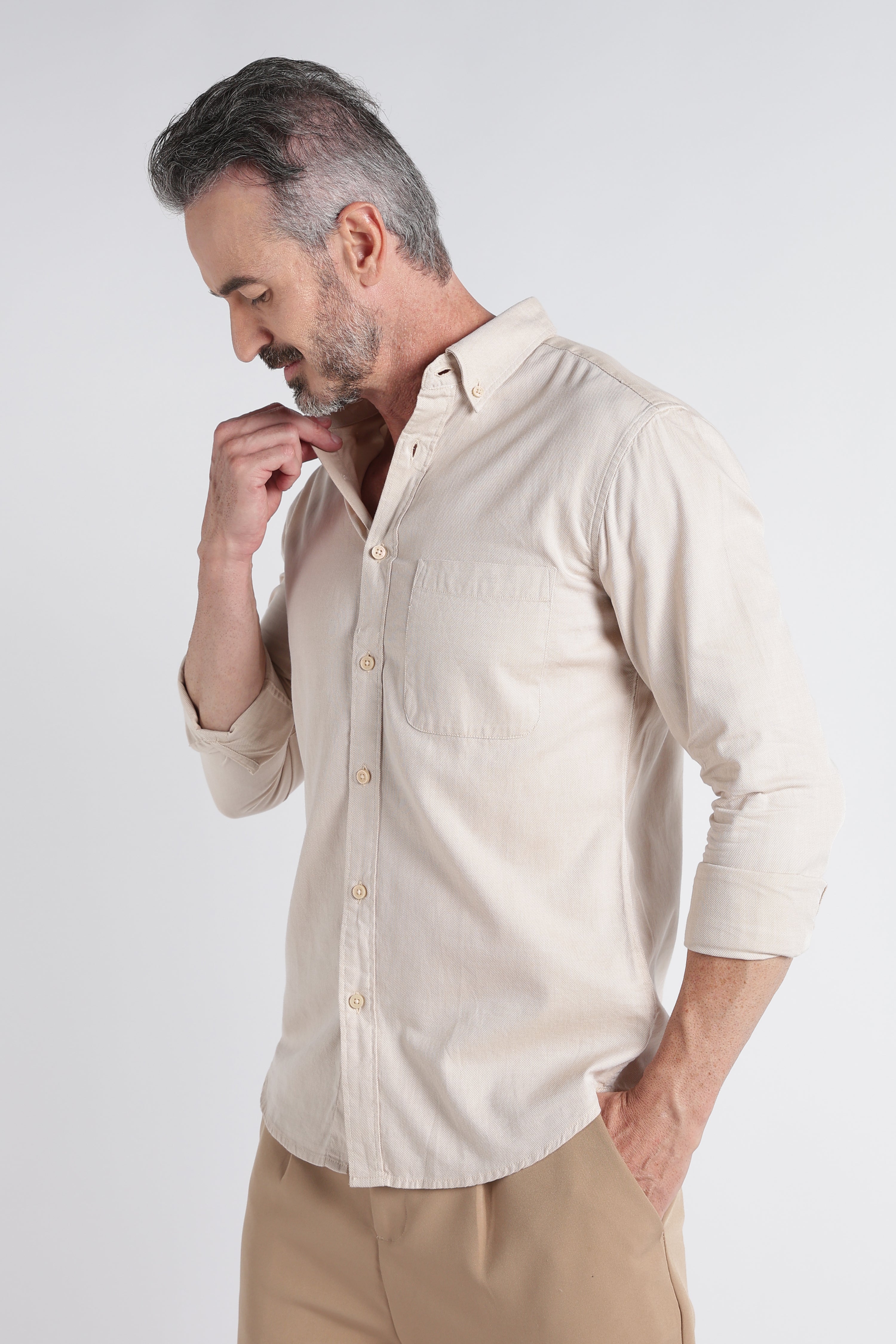 Men Beige Solid Casual Shirt
