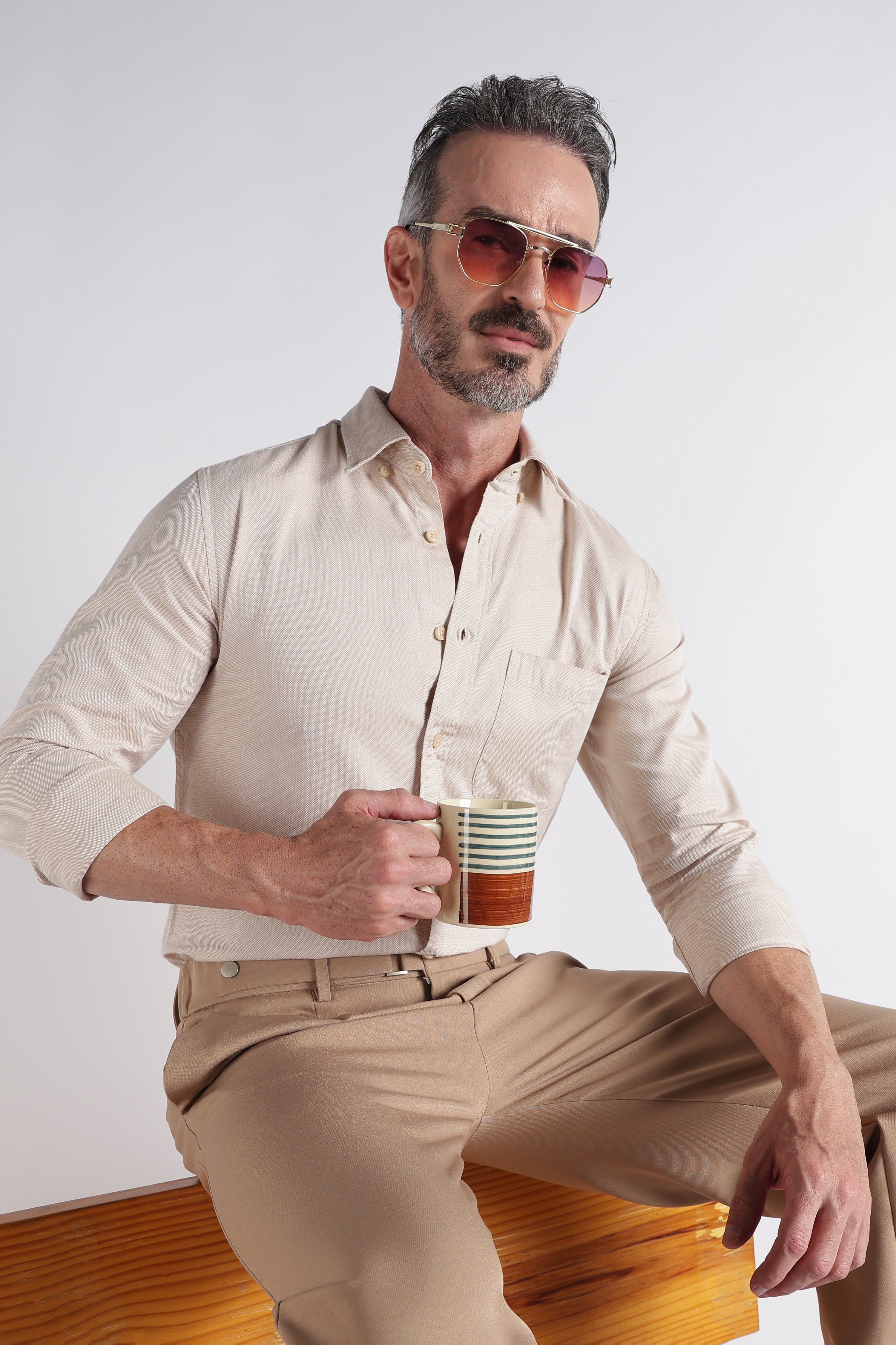 Men Beige Solid Casual Shirt