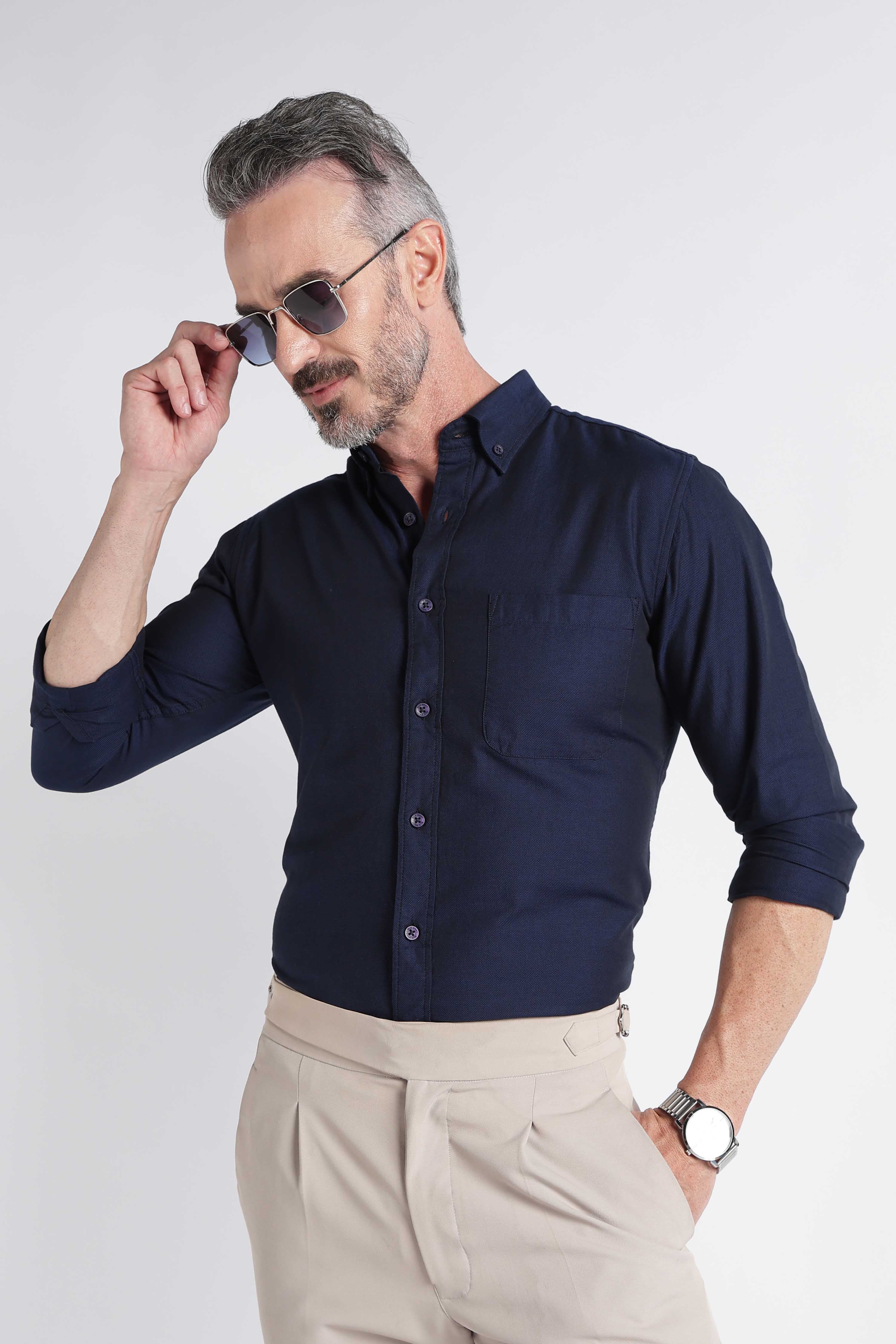 Men Navy Solid Casual Shirt