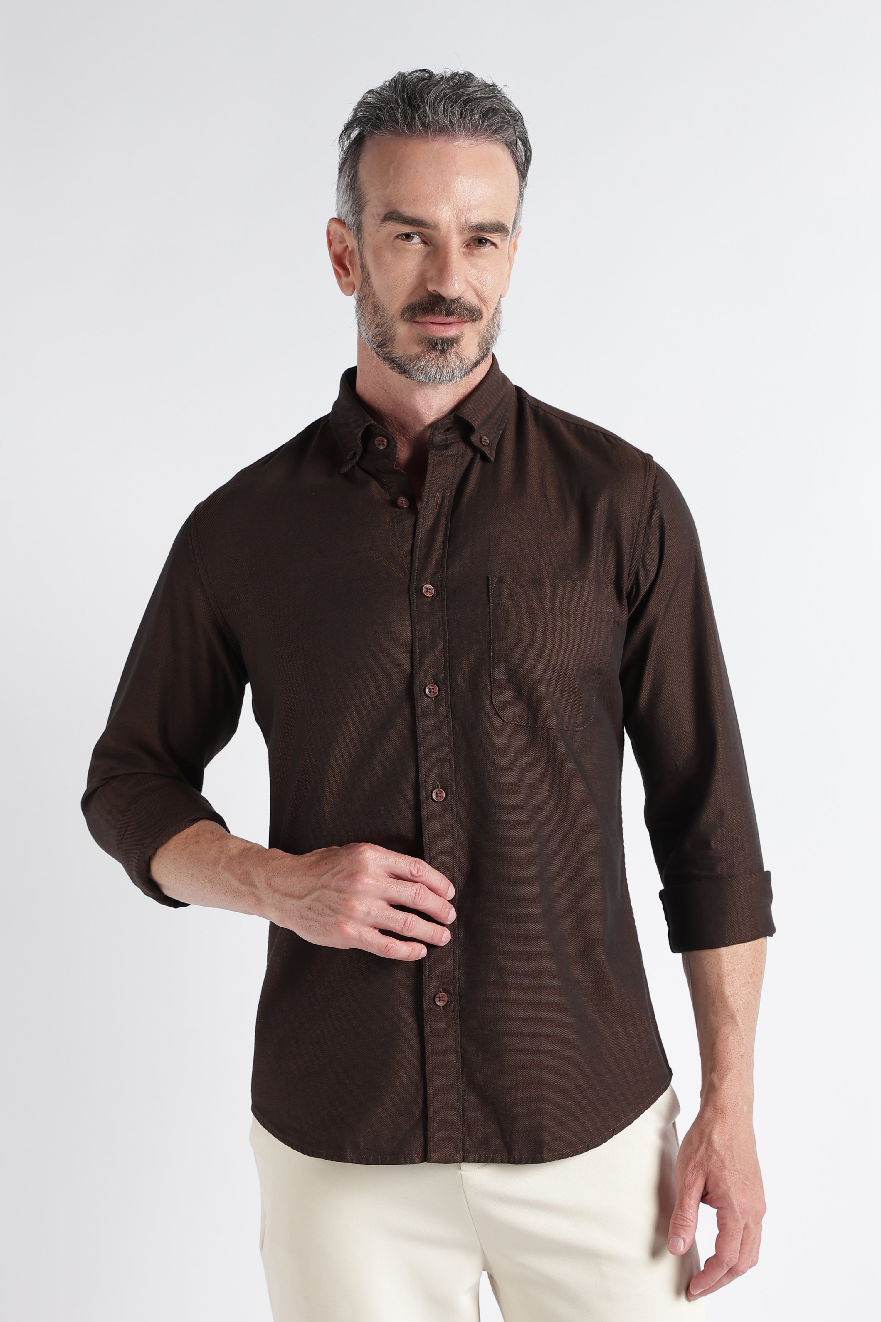 Men Brown Solid Casual Shirt
