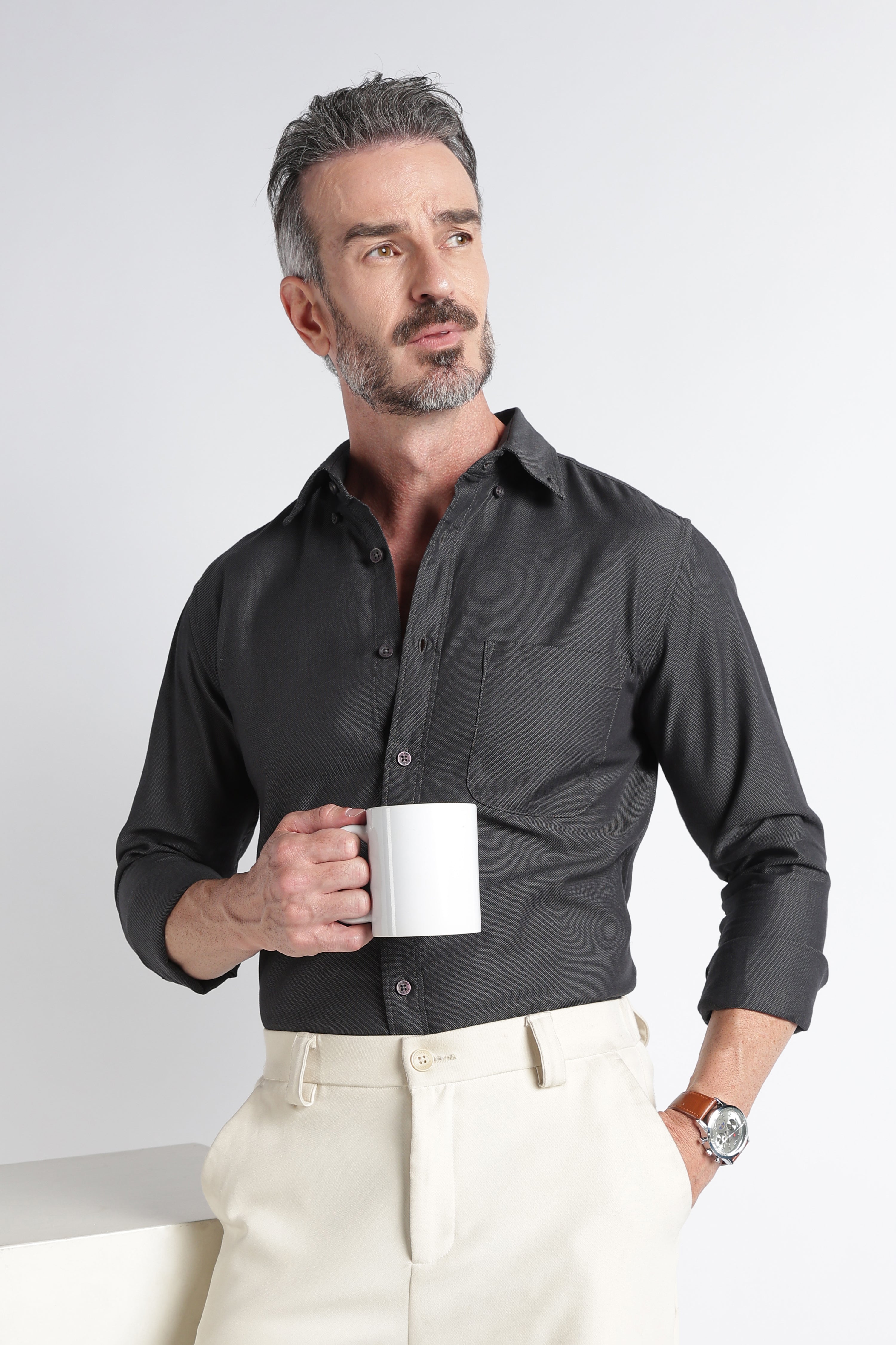 Men Grey Solid Casual Shirt