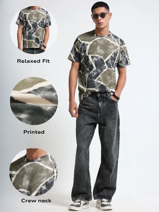 Men Olive Modern Abstract Print T-Shirt