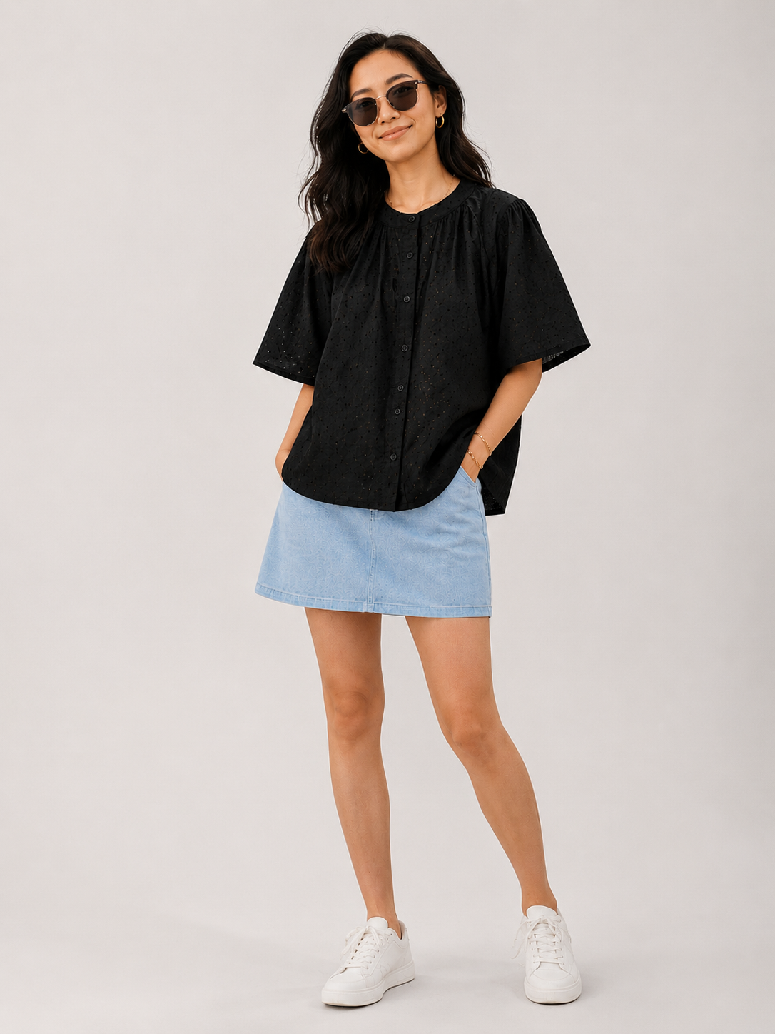 Women Black Broderie Flutter Sleeve Top