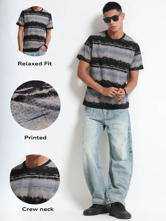 Men Grey Brush Stroke Print T-Shirt