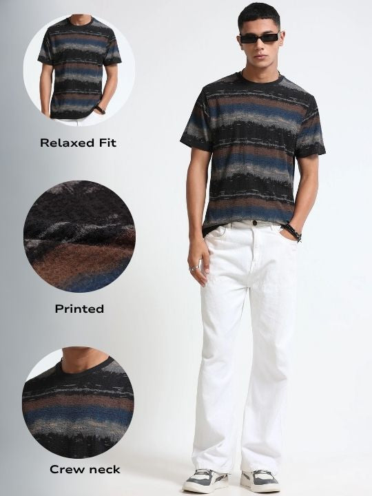Men Blue Brush Stroke Print T-Shirt