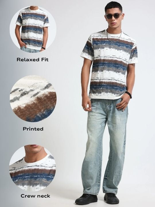Men White Brush Stroke Print T-Shirt