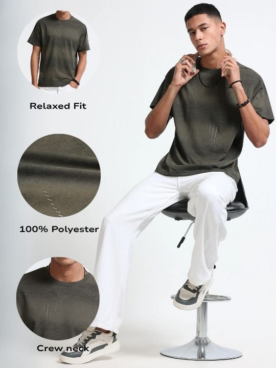Men Olive Minimal Textured T-Shirt