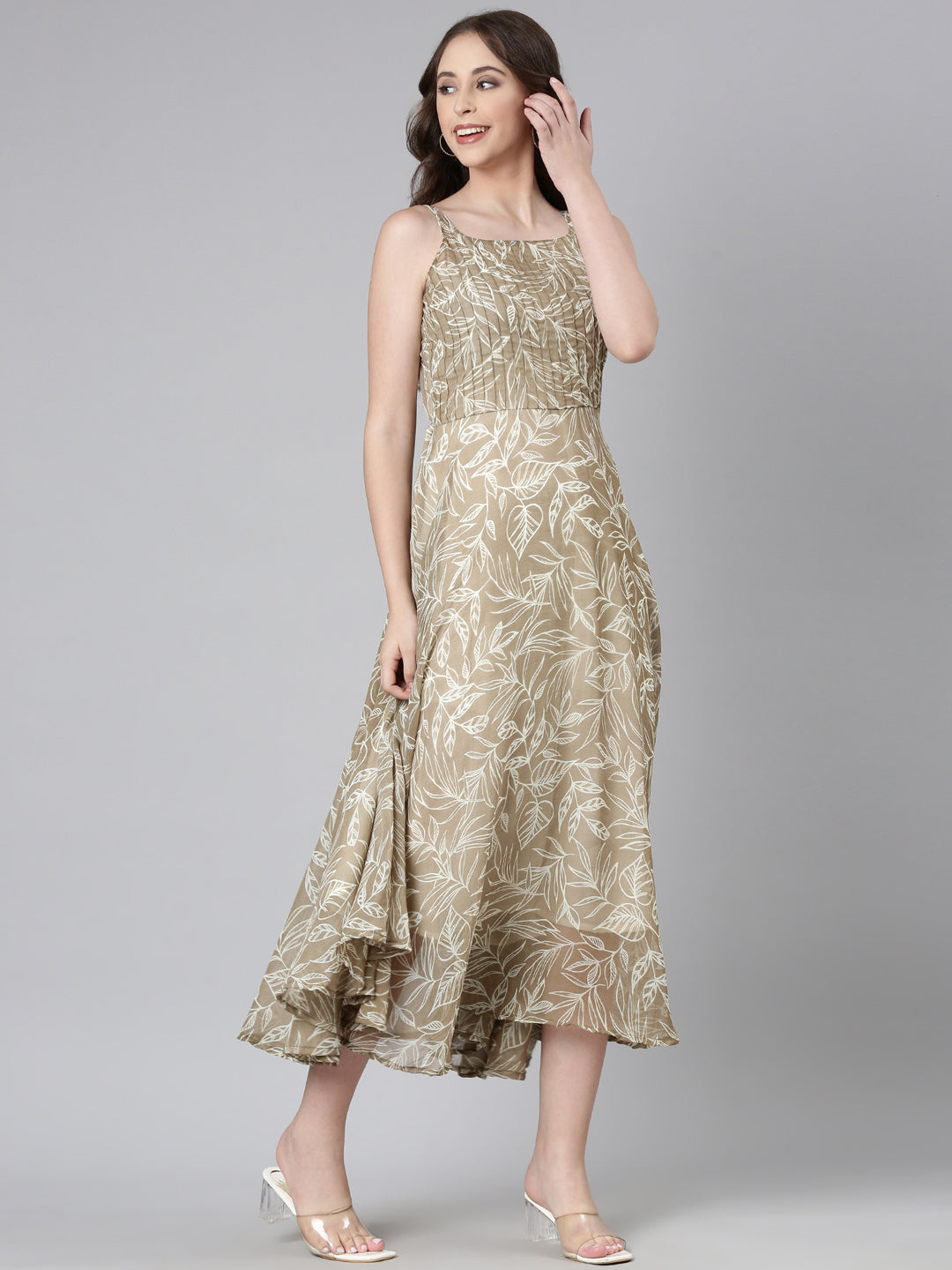 Women Beige Floral Chiffon Dress