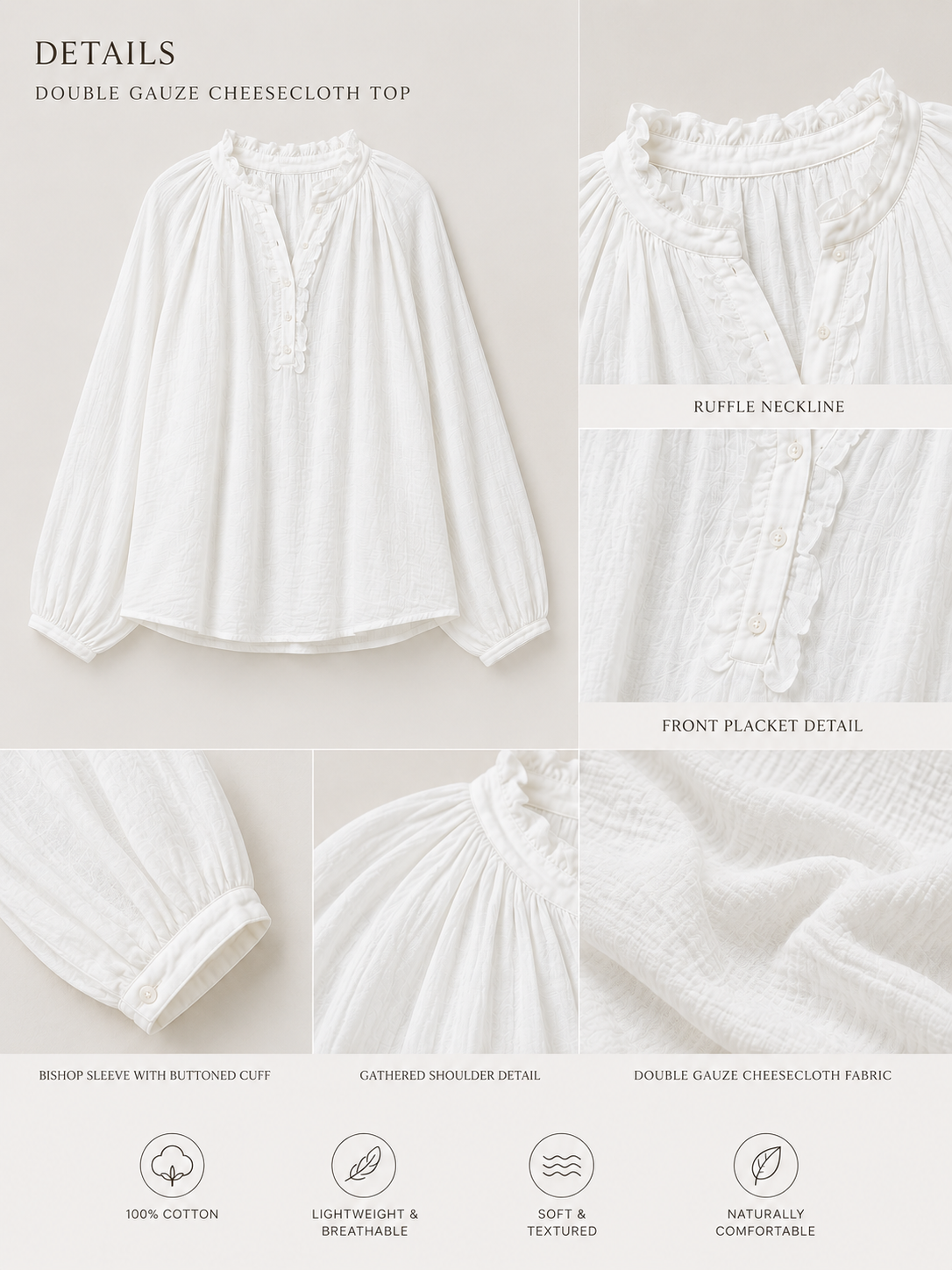 Women White Frilled Double Gauze Top