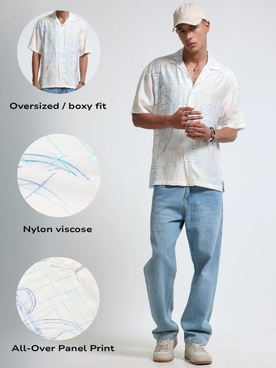Men Blue Oversized Panel Print Shirt