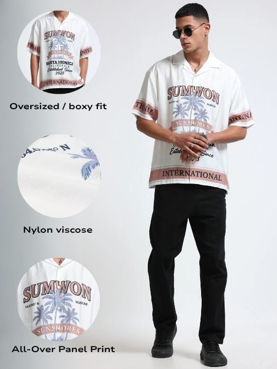 Men Brown Oversized Panel Print Shirt