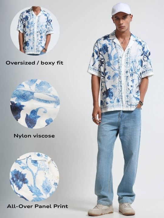 Men Blue & White Oversized Panel Print Shirt